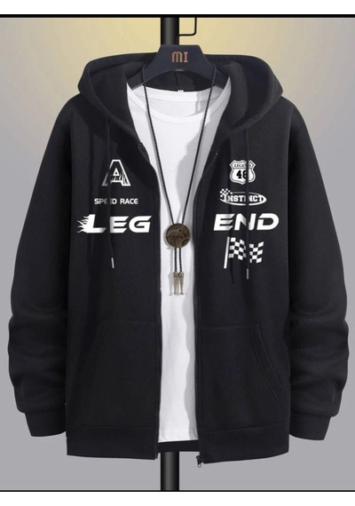 Siyah Kapşonlu Unisex Legend Fermuarlı Hırka Siyah