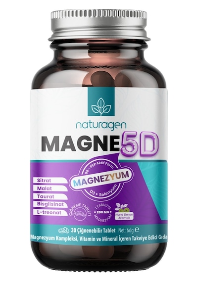 Naturagen Magne 5d Magnezyum Kompleksi 200mg 30 Çiğnenebilir Tablet P5p, D3, Selenyum Nane & Limon Aromalı