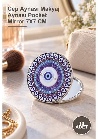 10 Adet Taşlı Nazar Boncuklu İnce El Aynası Cep Aynası Makyaj Aynası Pocket Mirror 7x7 Cm Sarı