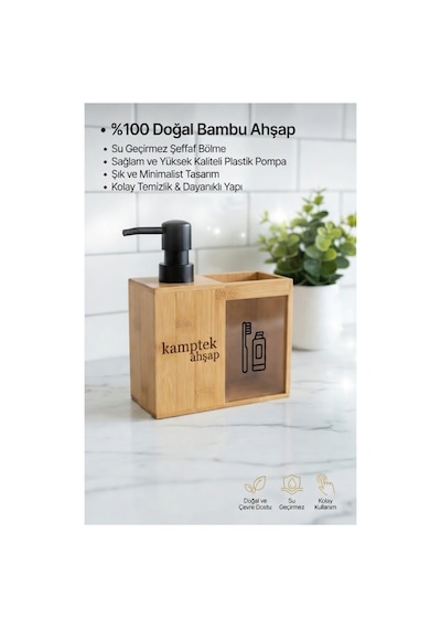 Bambu İkili Banyo Seti - Sıvı Sabunluk & Diş Fırçalık Bambu Banyo Lavabo Organizer Krem