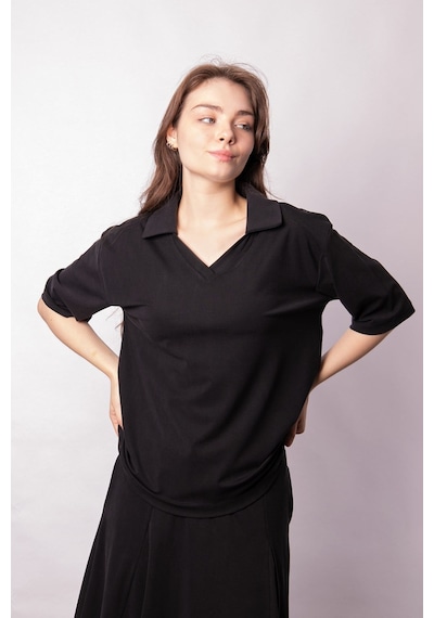 Kadın Yumşak Dokulu Esnek Kumaş V Yaka Yakalı Düşük Omuzlu Dirsek Boy Kollu Oversize Bluz-siyah Siyah Kadın Yumşak Dokulu Esnek Kumaş V Yaka Yakalı Düşük Omuzlu Dirsek Boy Kollu Oversize Bluz-siyah Siyah