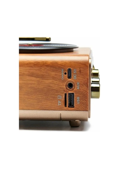 Ers Nostaljik Tasarım Plak Çalar Görünümlü Radyolu Bluetooth Hoparlör Retro Müzik Plak Açık Kahverengi