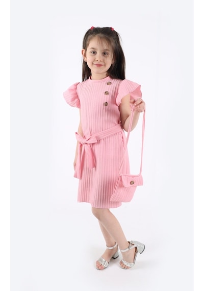 Aden Kids Kız Çocuk Pembe Fırfırlı Elbise Ve Çanta Seti