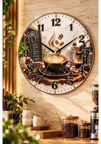 Kahve Cafe Temalı Duvar Saati 45 Cm Kahve Dükkanı Kafe Mutfak Uv Baskı Sessiz Akar Mekanizma 922 Çok Renkli