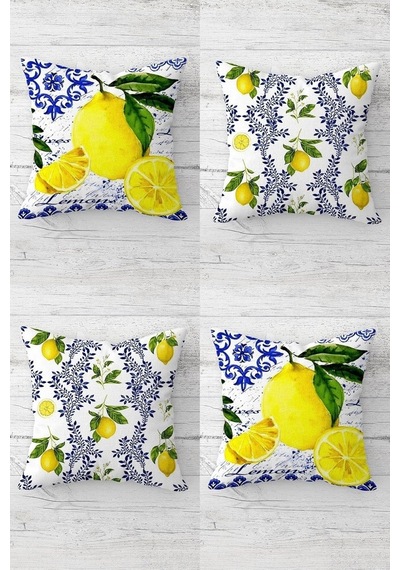 Pelangi Limon Ve Limon Çiçekleri Desenli Gizli Fermuarlı Kırlent Kılıfı Koltuk Yastık Kılıfı Takım 4adet , S Diğer