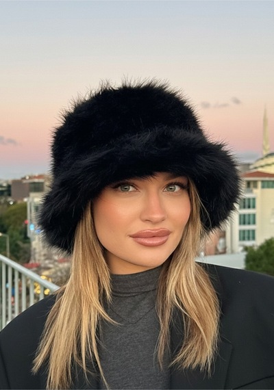 Mollycrush Luxury Peluş Bucket Kalpak Şapka Kışlık Suni Kürk Siyah Kadın Şapkası Siyah
