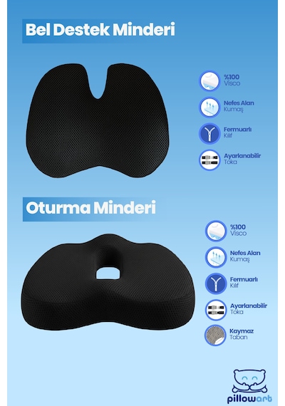 Kelebek Form Sırt Bel Yastığı Ve Oturma Minderi Visco Ergonomik Koltuk Destek Seti 2 Li Siyah