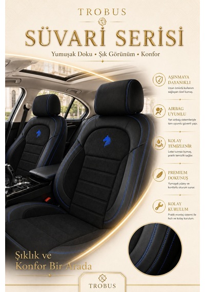 Kia Venga 2012-2015 Uyumlu Süvari Serisi Siyah Mavi Oto Koltuk Kılıfı