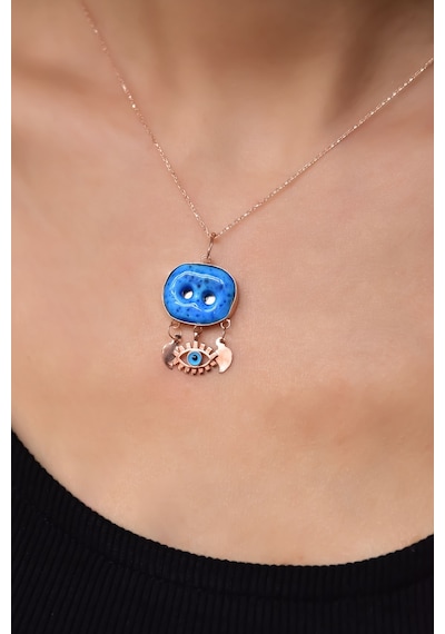 Papatya Silver 925 Ayar Gümüş Rose Kaplama Camdaki Kız Süryani Nazar Boncuğu Cam Göz Kolye