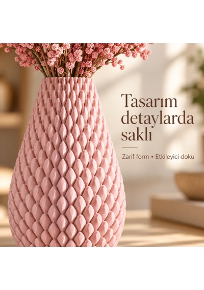Kabartma Desenli Dekoratif Vazo 20 Cm Modern Tasarım Pembe