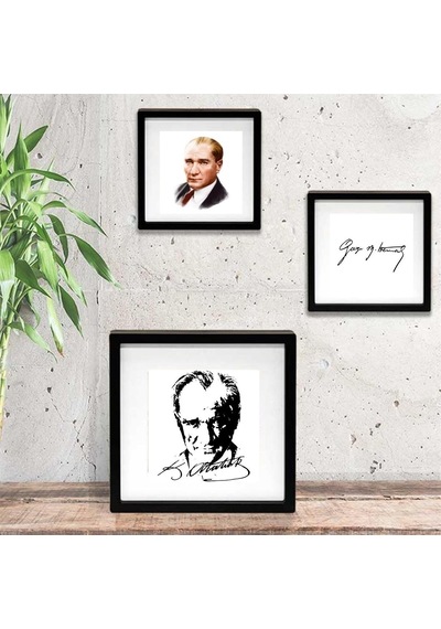 Mustafa Kemal Atatürk Tasarımlı Yapışkanlı Sök Tak Paspartulu Pola 3 'lü Çerçeve