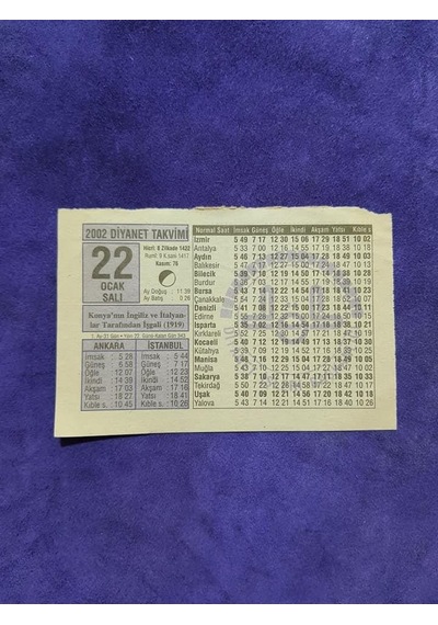 22 Ocak 2002 Takvim Yaprağı - Nostaljik Koleksiyonluk Takvim Yaprağı