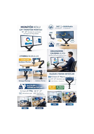 Nb F160 Çift Monitör Kolu, Gazlı Yaylı Monitör Standı, 10-27 İnç Vesa Uyumlu, 2-9 Kg Taşıma Kapasiteli, 360