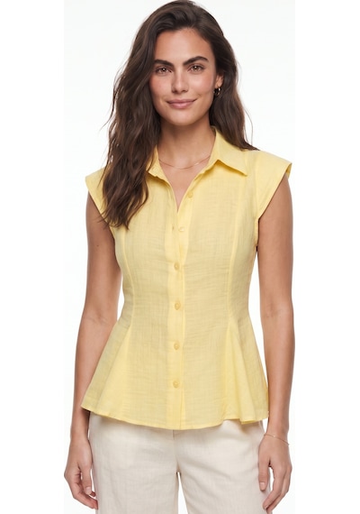 Onloox Kadın Sarı Sarı Pamuklu Keten Dokulu Gömlek Yaka Bel Oturtmalı Volan Etek Detaylı Düğmeli Gömlek Onloox Kadın Sarı Sarı Pamuklu Keten Dokulu Gömlek Yaka Bel Oturtmalı Volan Etek Detaylı Düğmeli Gömlek