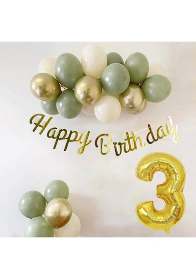 3 Yaş Küf Yeşili Deniz Kumu Ve Krom Gold Balonlu Konsept Doğum Günü Seti