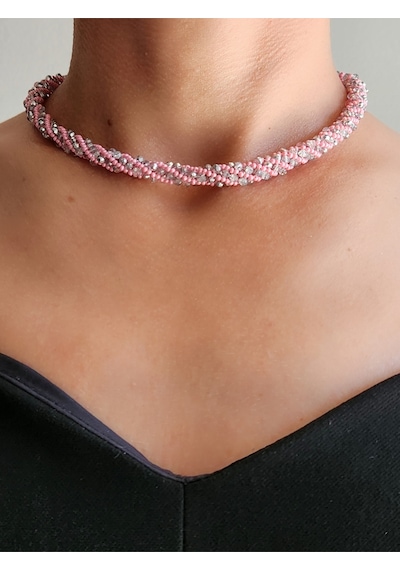 Etnik Bohem Sarmal Dönmeli Model Kristal Pembe Gümüş Taşlı Kristal Boncuk Kolye Pembe