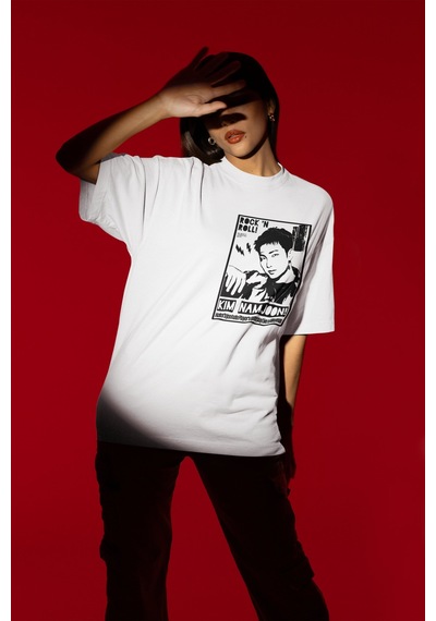 Sevbano Rock In Roll Kim Namjoon Rapper Sırt Baskılı Unisex Oversize Şark Beyaz