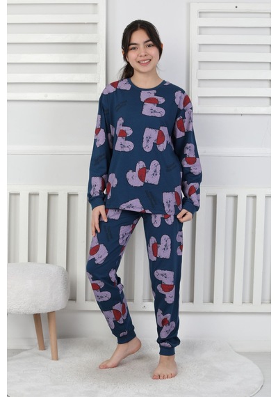 Tangled Hearts Desenli Kız Çocuk Pijama Takımı 8-13 Lacıvert