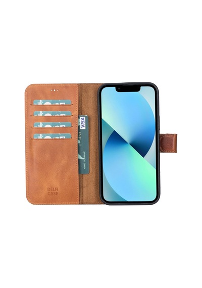Plm Apple İphone 13 Pro Max Uyumlu Deri Cüzdanlı Kılıf Antik Taba Acı Kahverengi