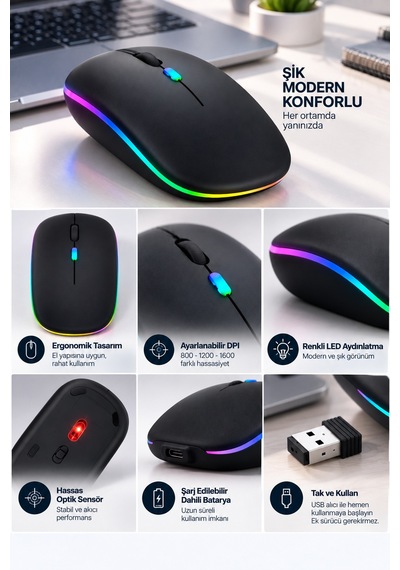 Astraltech Sessiz Tıklama 800 1200 1600 Dpı Ayarlanabilir Mouse Kablosuz