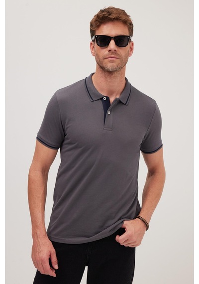 Tudors Erkek Slim Fit Dar Kesim %100 Pamuk Yumuşak Dokulu Serin Tutan Kumaş Düz Pike Füme Polo Yaka Tişört-42248 Füme