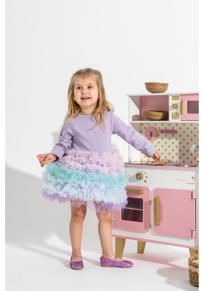 Linola Baby Kids Rainbow Tütü Etekli Uzun Kollu Çocuk Elbisesi Lila