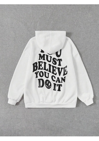 You Must Believe Sweatshirt - Beyaz Baskılı Oversize Kapüşonlu Beyaz