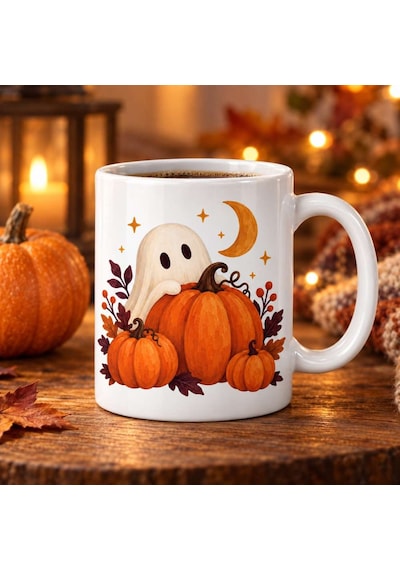 Sevimli Hayalet Ve Balkabağı Tasarımlı Porselen Kupa - Halloween Teması - Model 261
