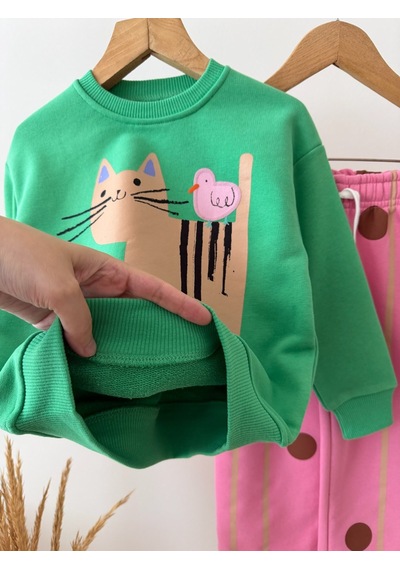 Magu Çocuk Pamuklu Kedi Baskılı Yeşil Sweatshirt Ve Puantiyeli Pembe Eşofman Takımı Çok Renkli