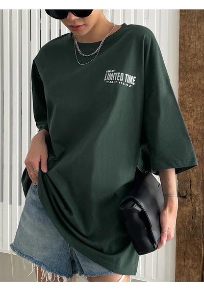 Flood Of Style Kadın Nefti Yeşili Oversize Limited Time Baskılı Tshirt Yeşil