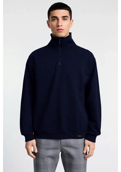 Benerly Erkek Dik Yaka Standart Kol Oversize Kalıp Fermuarlı Sweatshirt F Lacivert