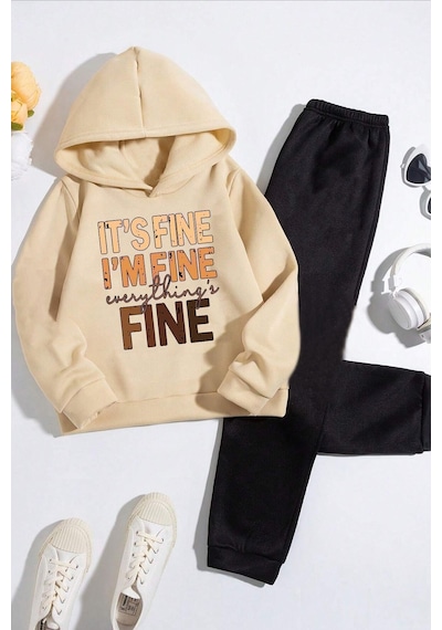 Uyguntarz Unisex Çocuk Fine Baskılı Eşofman Takımı Bej