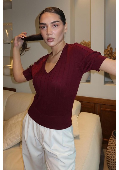 Bordo V Yaka Örgülü Kadın Triko Tişört Mg2369 Bordo