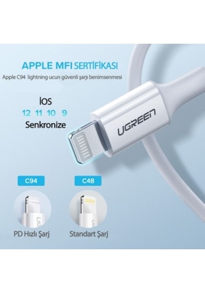 Ugreen Usb-c - Lightning 3a Pd Mfi Sertifikalı Hızlı Şarj Kablosu, 1 M, Beyaz,