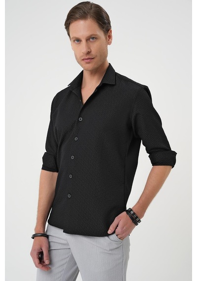 Efor Slim Fit Gofre Kumaş Desenli Kısa Kol Siyah Gömlek G 1592 Siyah