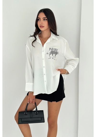 Asprin Fashion Dril Kumaş Paradise Baskılı Taşlı Gömlek Gümüş Gümüş