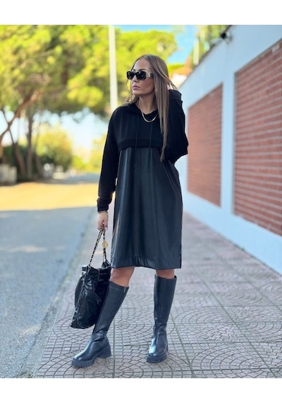 Veraura Lifestyle Kadın Uzun Kollu Kapüşon Ve Deri Detay Diz Üstü Elbise Siyah