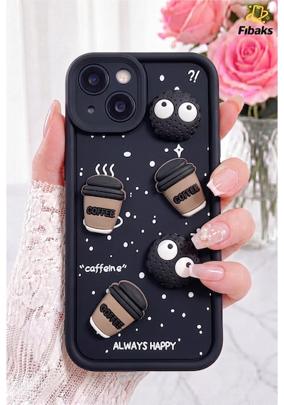 Fibaks iPhone 13/14 Uyumlu Kılıf Tasarımlı Desenli Kamera Korumalı Coffee Kurabiye Siyah Yumuşak Silikon Kapak