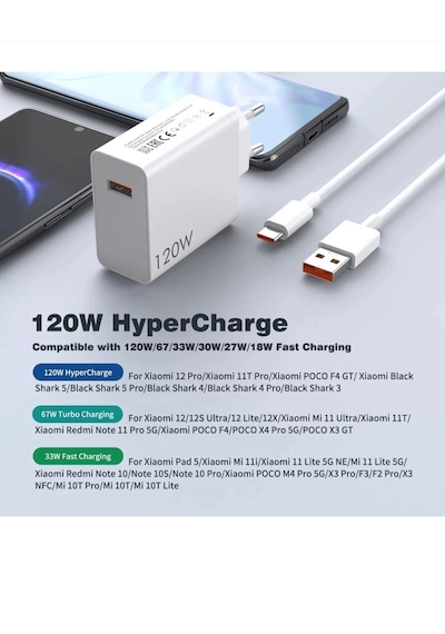 MuhendisTech Type-c 120w Hızlı Şarj Aleti Adaptör Ve Kablo Set Xiaomi Redmi Uyumlu MuhendisTech 120w Type-c