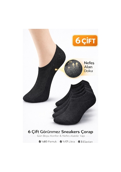 Worthy Socks 6'lı Unisex Pamuklu Yıkamalı Nefes Alan Sneakers Görünmez Çorap 6 Çift Siyah