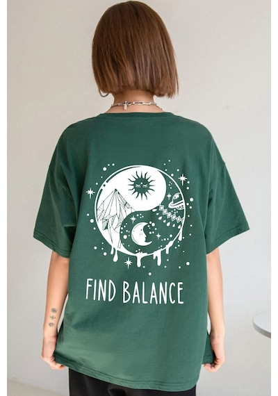 Unisex Yin & Yang Baskılı T-shirt Yeşil
