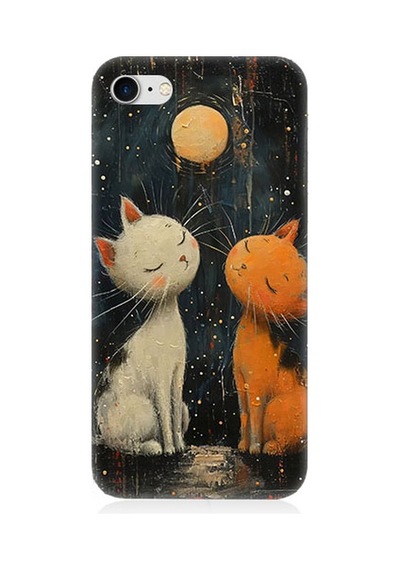 Apple Uyumlu iPhone 8 Ay Ve Kediler Desenli Silikon Kılıf