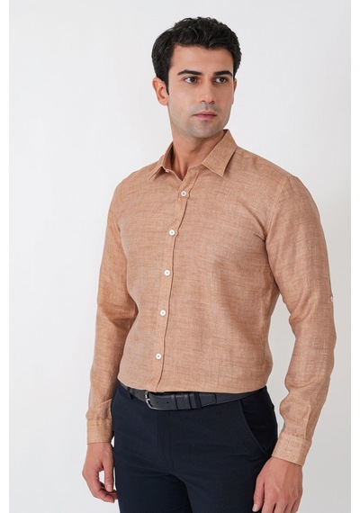 Comfort Fit Spor Yaka Kolu Katlanabilir Caramel Keten Gömlek G 1612