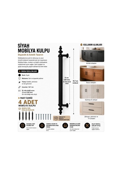 Siyah Dolap Çekmece Kulpu 128 Mm Mobilya Mutfak Banyo Dolabı Kulpu - 4 Adet Çok Renkli