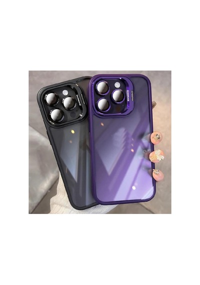 İphone 15 Pro Uyumlu Kılıf Kamera Korumalı Açılır Pencere Standlı Arkası Şeffaf + Lens Koruyucu Resimde Görünen