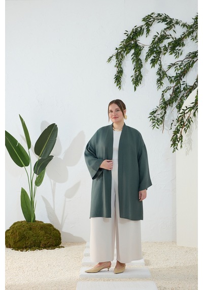 Aker Zümrüt Dökümlü Keten Kimono Zümrüt Zümrüt