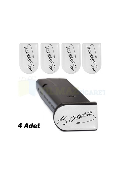 Kemal Atatürk Imza Şarjör Kapağı Sticker Damla Silikon Etiket Yapıştırma 4 Adet ( 4 X 2.4 Cm ) Beyaz