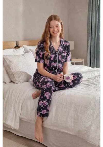 Mecit Pijama Mecit 6353 Lacivert Çiçekli Boydan Düğmeli Kadın Pijama Takımı