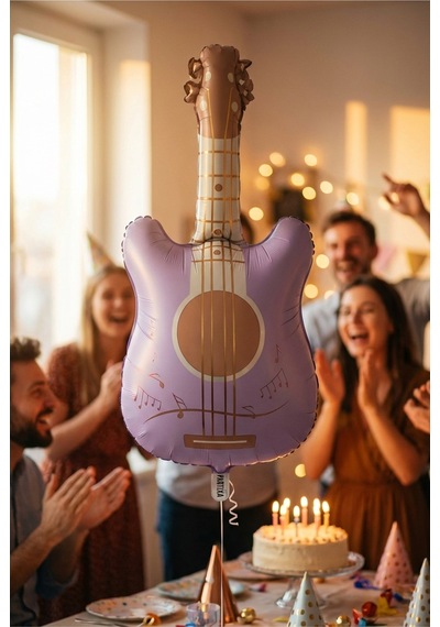 Retro Mat Lila Gitar Folyo Balon 46x89 Cm Müzik Temalı Doğum Günü Parti Süsü Çok Renkli
