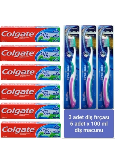 Colgate 3 Etki Çürüklere Karşı Naneli Diş Macunu 6 x 100 ML + Diş Fırçası 3 Adet